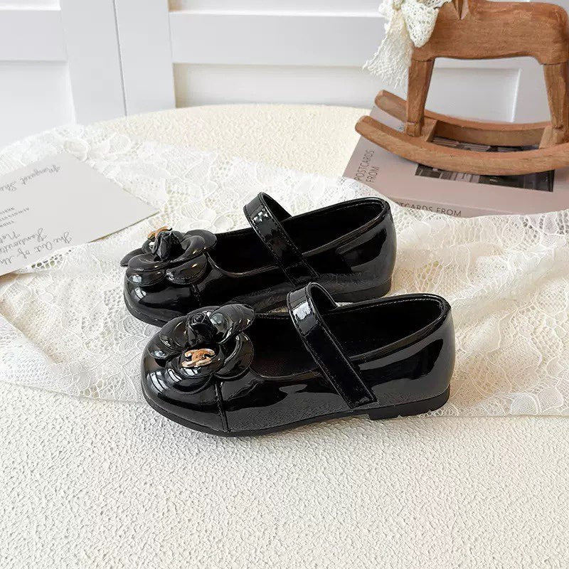 Chanel Kids Black White Leather Flat