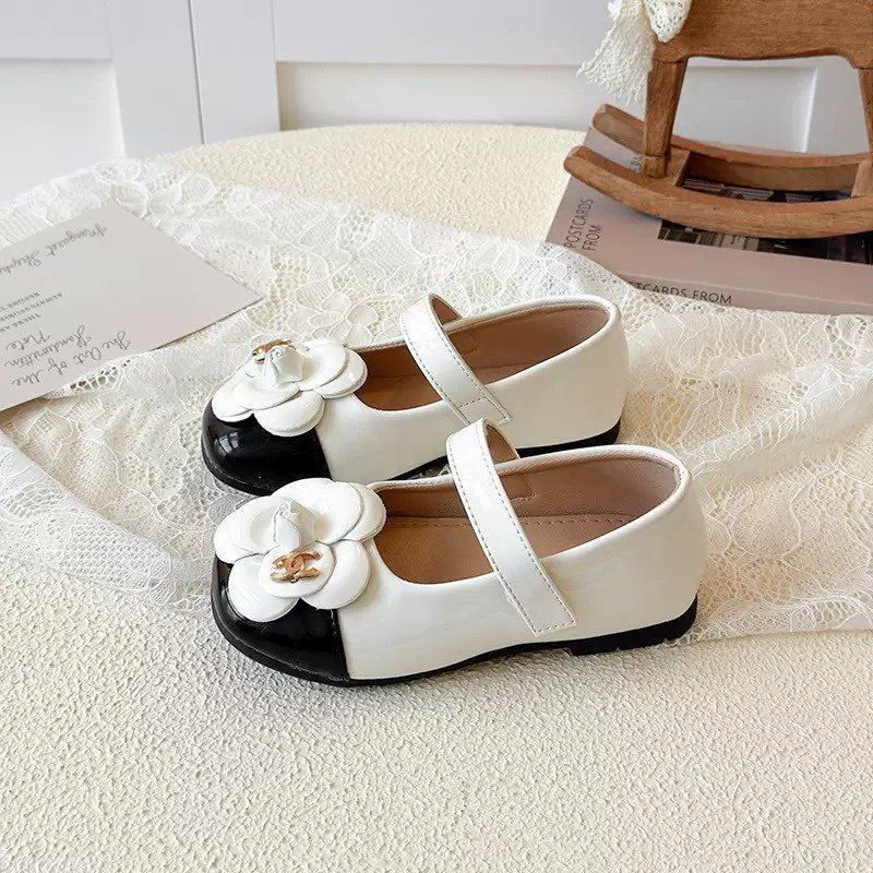 Chanel Kids Black White Leather Flat