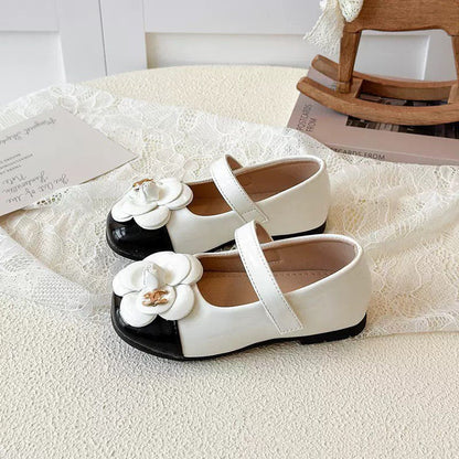 Chanel Kids Black White Leather Flat