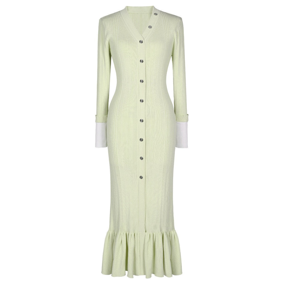 Sandro Elegant V-Neck Mermaid Knit Dress with Button Detail