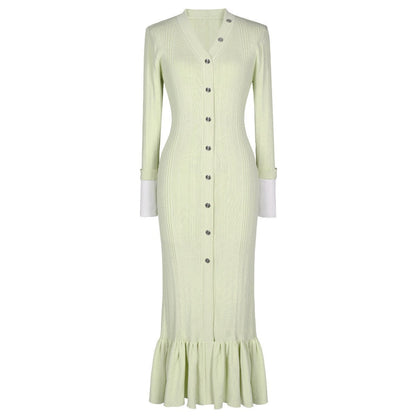 Sandro Elegant V-Neck Mermaid Knit Dress with Button Detail