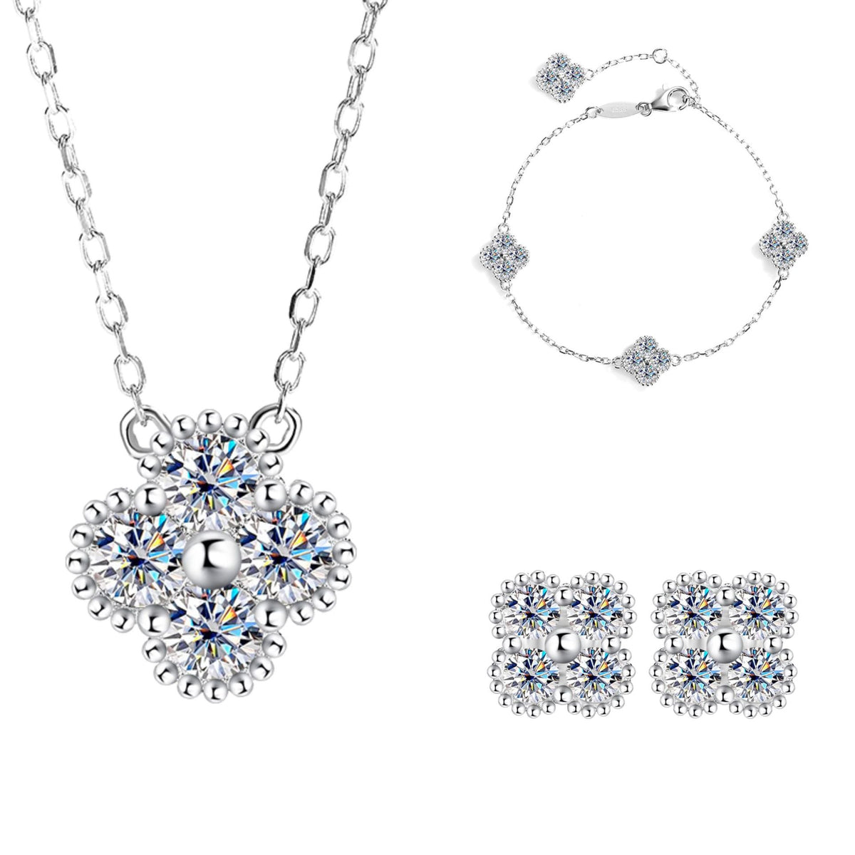Moissanite Dainty Clover Necklace Bracelet Earrings
