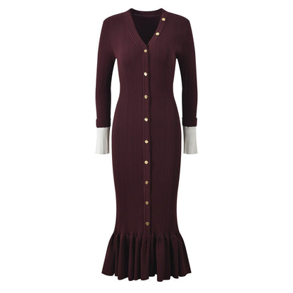 Sandro Elegant V-Neck Mermaid Knit Dress with Button Detail