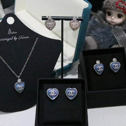 Chanel Blue Heart Necklace & Earrings