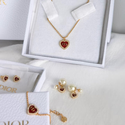 Dior Diamond Heart Necklace Bracelet Earrings