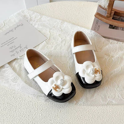 Chanel Kids Black White Leather Flat