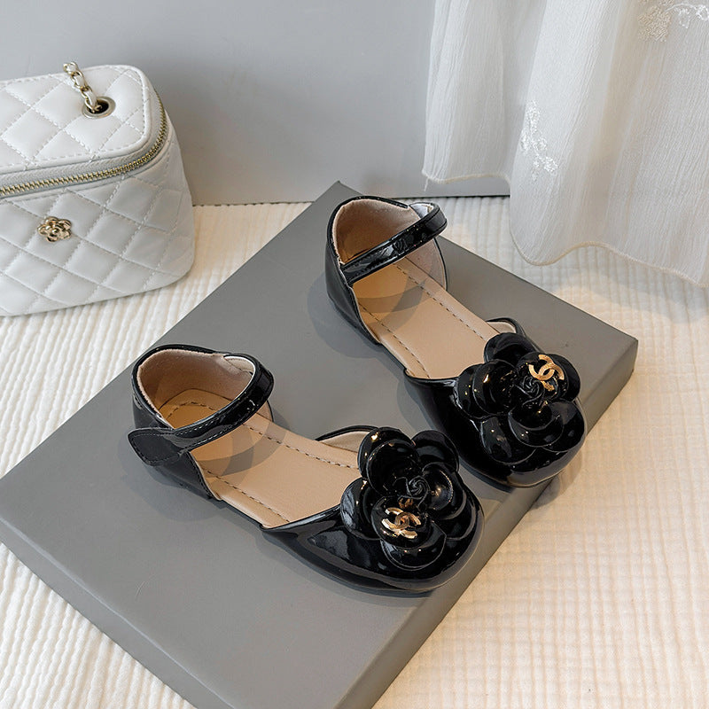 Chanel Kids Black White Leather Flat
