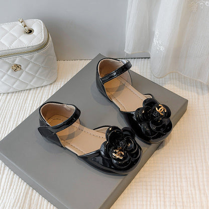 Chanel Kids Black White Leather Flat