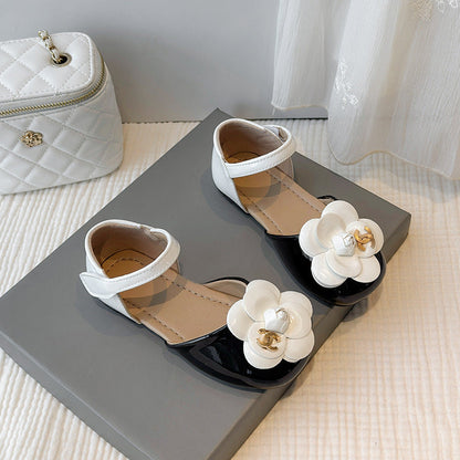 Chanel Kids Black White Leather Flat