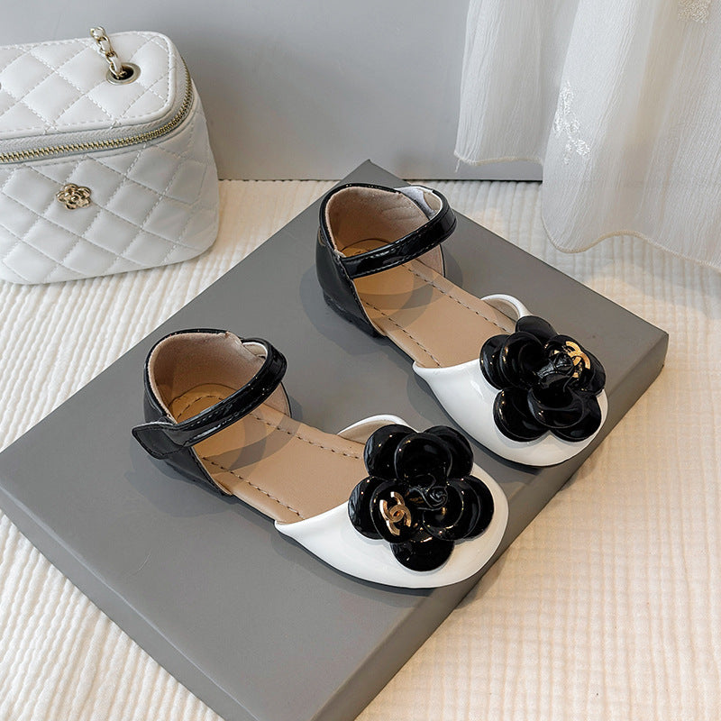 Chanel Kids Black White Leather Flat